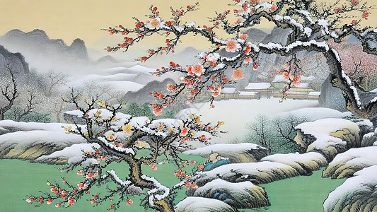 冬天盛开的梅花雪景图片