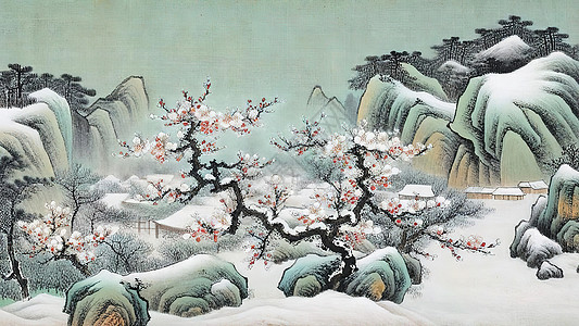 冬天盛开的梅花雪景插画图片
