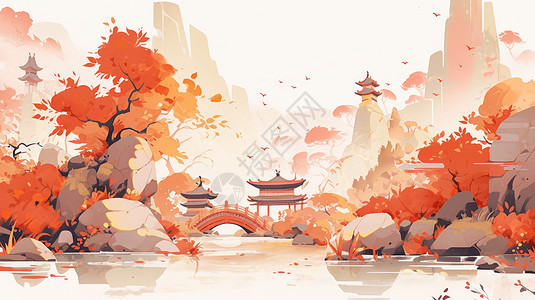 中国风卡通山水画秋天唯美景色图片
