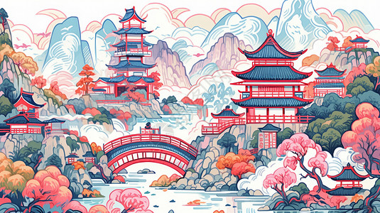 秋天唯美的山水卡通风景炫彩线条插画图片