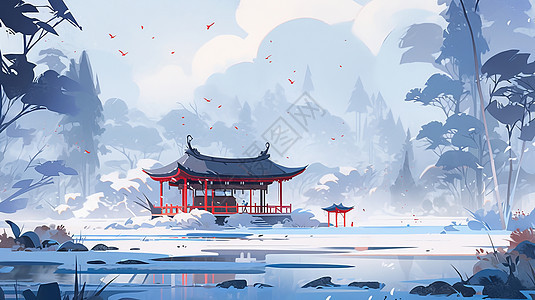 大雪中湖泊旁一座卡通古亭子图片