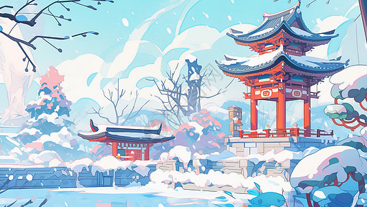 冬天大雪中几座唯美的古风建筑中国风插画图片