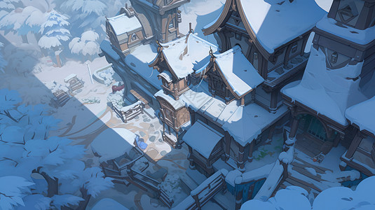 冬天雪后多层卡通木房子俯视角度图片