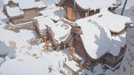 大雪过后唯美漂亮的卡通古房子图片