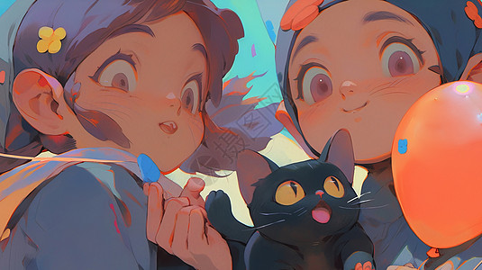 两个可爱的卡通小朋友与黑色宠物猫背景图片