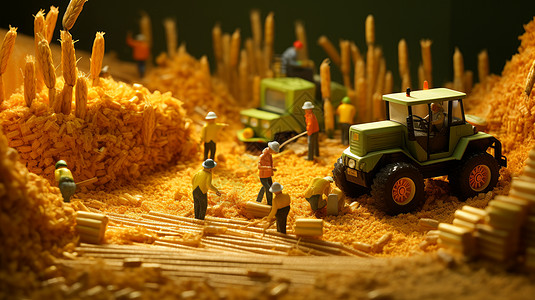 在绿色卡通拖拉机旁忙碌的卡通农民们微缩场景图片