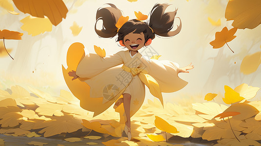 秋天在森林中开心奔跑的可爱卡通小女孩图片