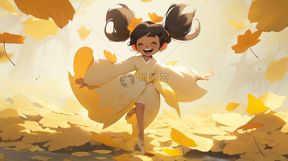 秋天在森林中开心奔跑的可爱卡通小女孩图片