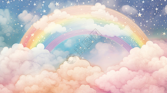 云朵间一道漂亮的可爱卡通彩虹背景图片