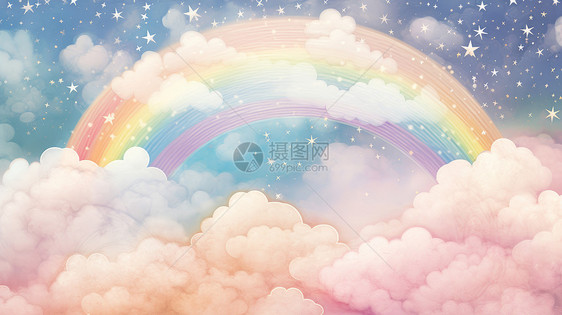 云朵间一道漂亮的可爱卡通彩虹图片