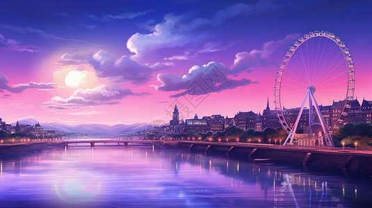 紫色河畔夜晚一座超大的卡通摩天轮图片