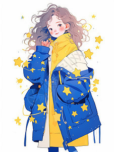 穿蓝色星星外套的可爱卡通小女孩图片