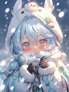 冬天在雪中的蓝色头发卡通小女孩图片
