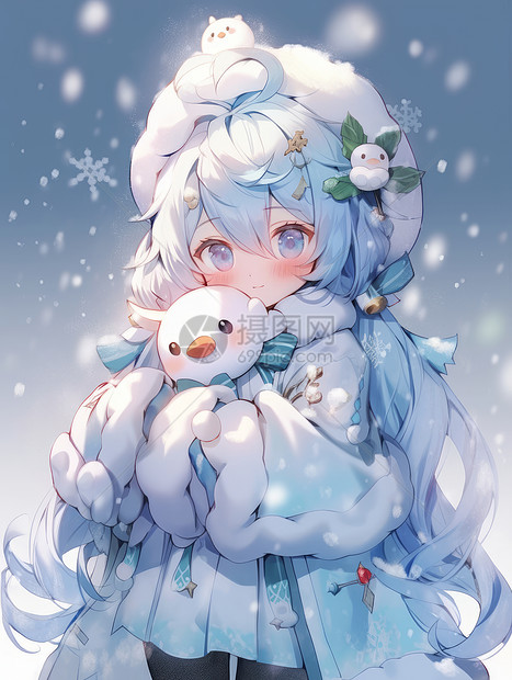 大雪中抱着宠物的卡通小女孩图片
