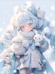 大雪中抱着小白兔玩具的可爱卡通小女孩图片