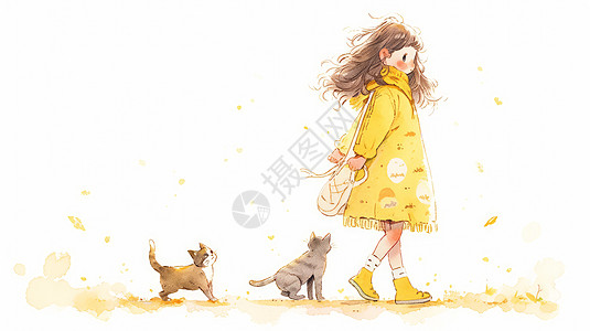 两只可爱的卡通小猫跟小女孩一起散步图片