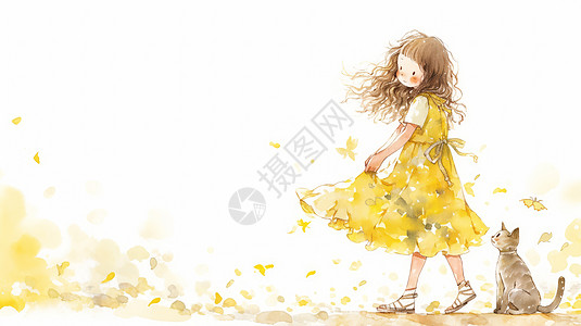 秋天穿黄色裙子与可爱的卡通小猫一起玩耍的卡通小女孩图片