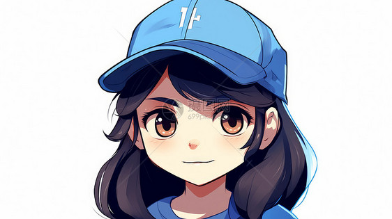 戴着蓝色棒球帽大眼睛微笑的卡通女孩头像图片