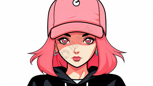 粉色头发戴着棒球帽时尚的卡通年轻女孩图片