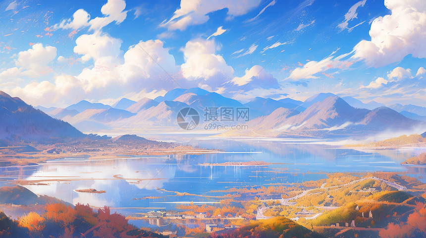 蓝天白云下美丽的湖泊与山川秋天卡通风景图片