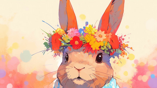 可爱的卡通小兔子头戴花朵背景图片
