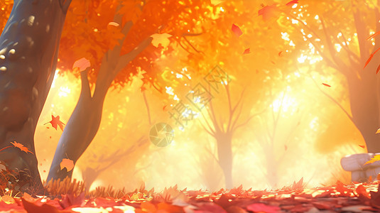 秋天正在落叶的金黄色卡通树林图片