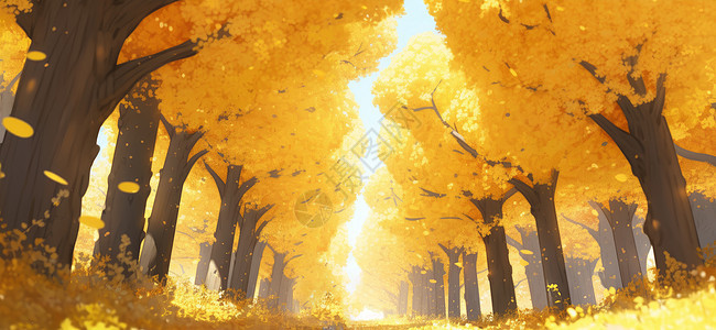 秋天满树金黄色的叶子唯美卡通风景图片
