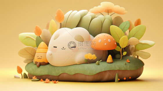 秋天在草垫上趴着睡觉的可爱卡通小动物图片