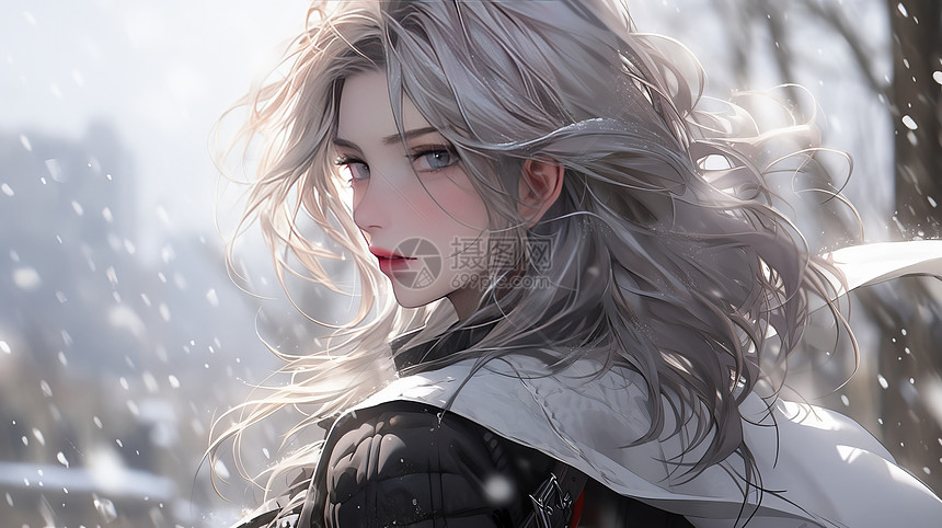 穿羽绒服在冬天雪地中长发飘飘的卡通女孩图片