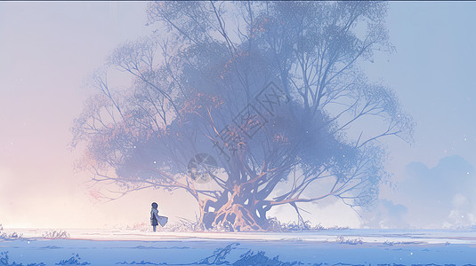 风景窗外冬天雪地中一棵古老的大树插画