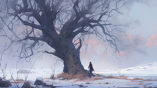 冬天雪地中一棵古老的大树站着一个小小的卡通人物图片