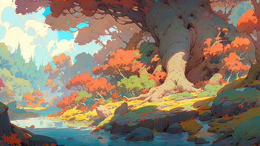 秋天森林中小溪边一棵古老的大树背景图片