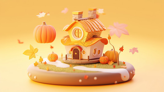 秋天主题立体可爱的卡通南瓜屋背景图片