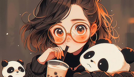 穿毛衣抱着熊猫玩具喝奶茶的卡通小女孩图片