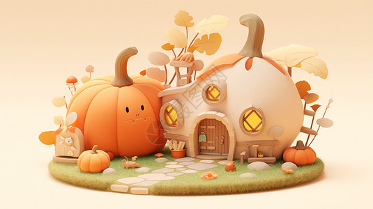 秋天南瓜主题可爱的卡通小屋背景图片