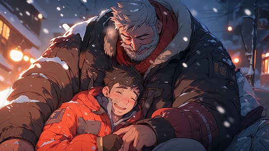 冬天下雪的夜晚依偎在一起的卡通老爷爷与青年卡通男孩图片