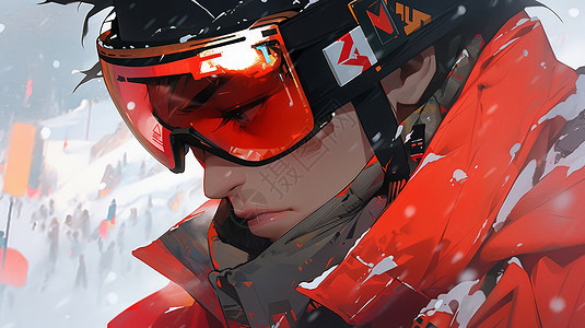 雪中戴护目镜的卡通青年滑雪者图片