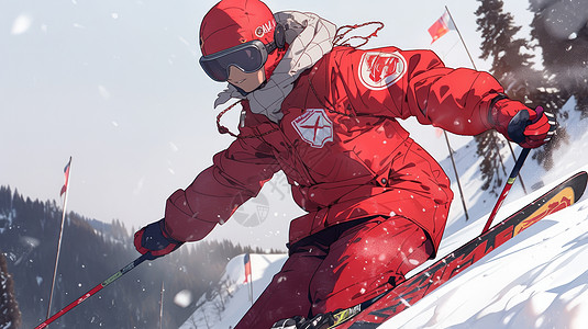 穿红色滑雪服的卡通运动员图片