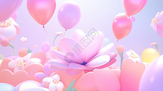 漂亮的粉色立体卡通气球花背景图片
