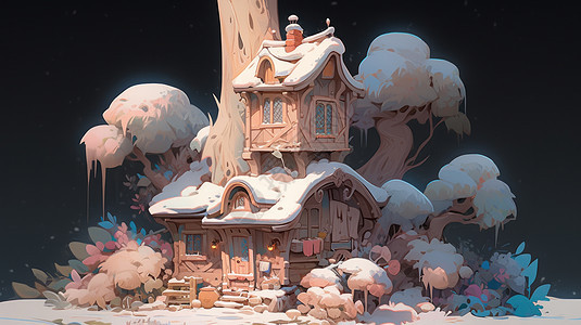 树下雪后漂亮的卡通房子图片