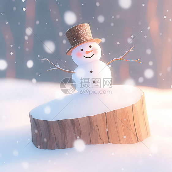 冬天大雪中可爱的卡通小雪人图片