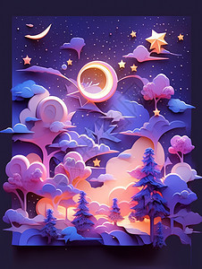 梦幻紫色调森林星空与月亮剪纸风卡通插画图片