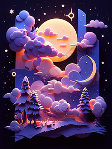 森林上空一轮巨大的圆月唯美梦幻紫色调卡通森林图片