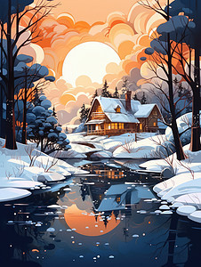 冬天在森林中小山坡上的扁平风温馨卡通小木屋图片