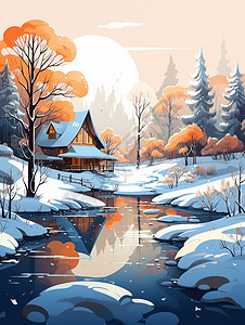 冬天雪后森林中小河边的卡通小木屋图片