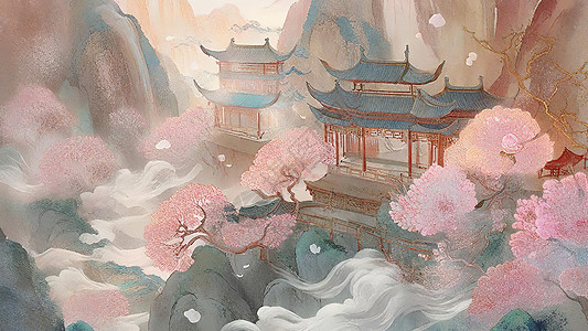 布满牡丹的中国风凉亭高清图片