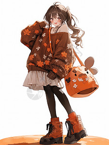 穿棕色花毛衣背着橙色包的时尚卡通女孩高清图片