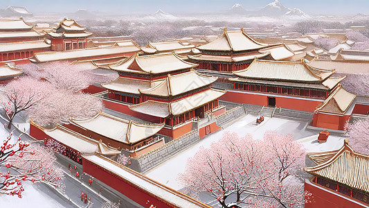 北京宫殿古建筑的冬天雪景图片