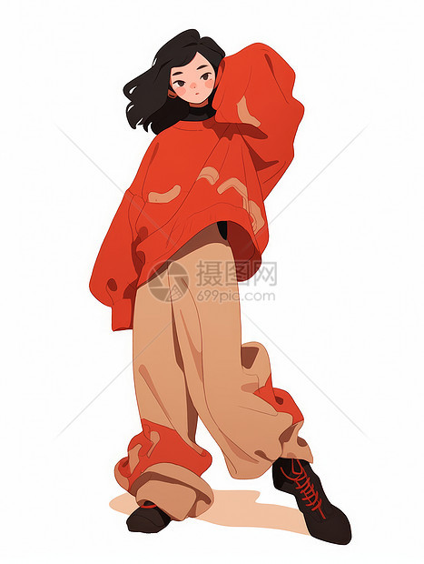 穿宽大服装的长发卡通女孩图片