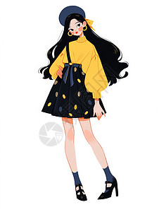 穿黄色毛衣花短裙的时尚扁平风卡通女孩图片